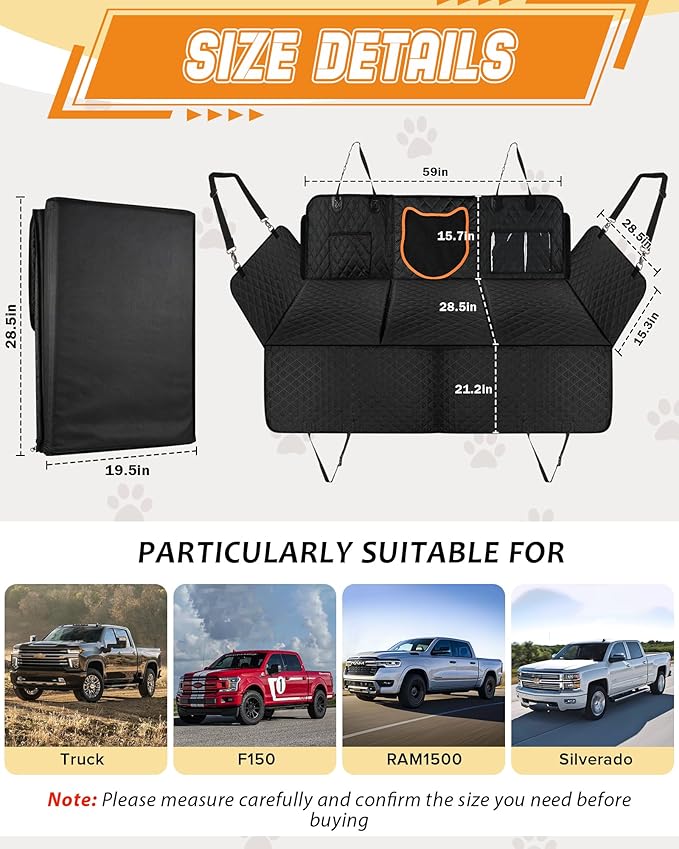 Angooni XL Dog Backseat Extender for Trucks - Hard Bottom 400lbs Load, Heavy-Duty Backseat Dog Hammock, Non-Slip & Waterproof Dog Seat Cover for F150, RAM1500, Silverado