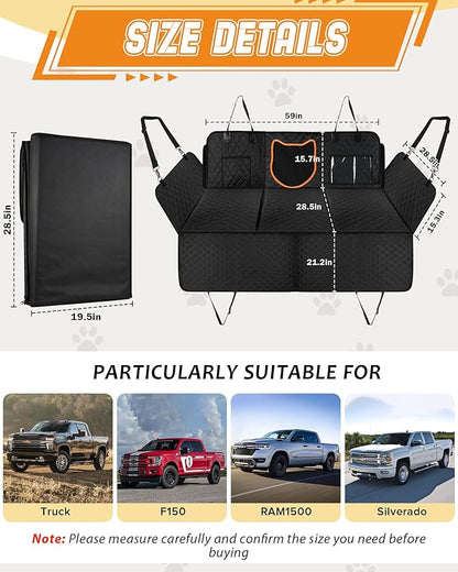 Angooni XL Dog Backseat Extender for Trucks - Hard Bottom 400lbs Load, Heavy-Duty Backseat Dog Hammock, Non-Slip & Waterproof Dog Seat Cover for F150, RAM1500, Silverado