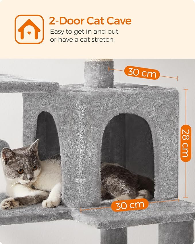 Feandrea Cat Tree, 55.1-Inch Cat Tower, Plush Multi-Level Condo with 4 Scratching Posts, 2 Perches, Hammock, Cave, Light Gray UPCT161W01