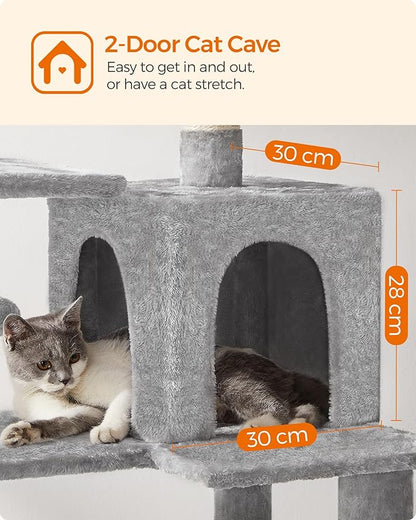 Feandrea Cat Tree, 55.1-Inch Cat Tower, Plush Multi-Level Condo with 4 Scratching Posts, 2 Perches, Hammock, Cave, Light Gray UPCT161W01