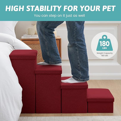 Dog Stairs with Storage, 4-Step Wider Sturdy Dog Steps for Small/Medium/Large Dogs and Older Cats, Folding Doggie Ramp for Bed/Couch/Car Hold Up to 180 lbs (22" H, Burgundy)