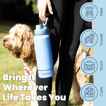 Dog Water Bottle for Dog Lovers - 32 oz Stainless Steel Double Wall Insulated Water Bottle with 8 oz Detachable Bowl on Bottom for Doggy Lovers for Hiking, Walks, Travel - Dusty Blue