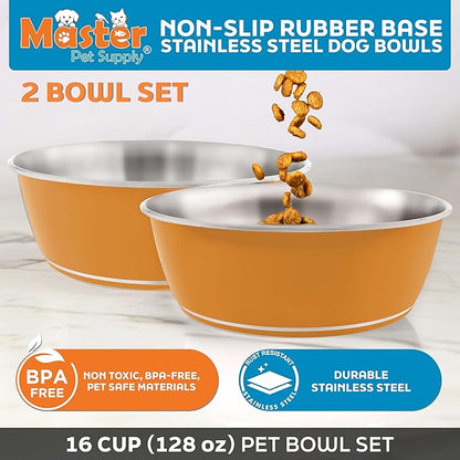 Master Pet Supply Stainless Steel Dog Bowls Set of 2 (128 Oz Each) with Non-Slip Rubber Base - Mango Tango - Basic Dog Food Bowl Water & Food Bowls for Small Medium Large Dogs & Cats, Metal Dish