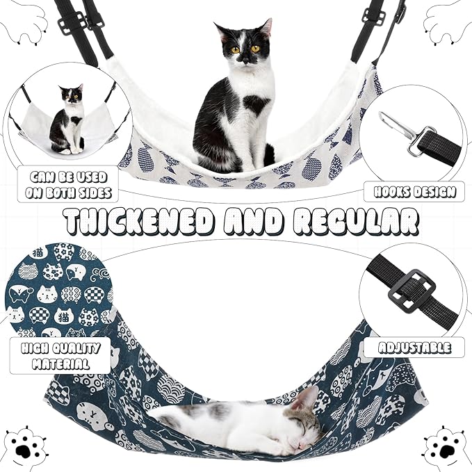 4 Pcs Cat Hammock for Cage Winter Cat Bed Hanging Reversible Hammock Warming Soft ferret Bed Catio Accessories Double Side 20In with Adjustable Straps and Metal Hooks for Kitten Ferret Small Animal