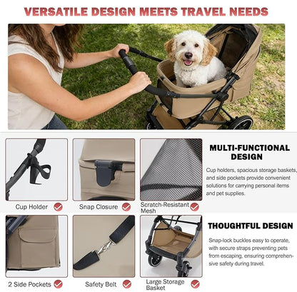 Small Dog Stroller, Pet Stroller for Small Dogs up to 55lbs- Fold All in One Without Detaching Carrier, Cat Stroller with Reversible Handle,Cup Holder (Khaki)