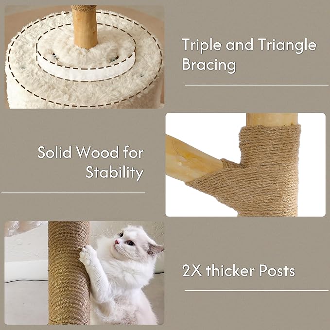 Moewrista Modern Cat Tree with Hammock 48.5 Inches Cat Tower with Scratching Post,Featuring Real Wood Post,Large Rattan Basket, Spacious Flower Perch and Condo for Indoor Cat Large Adults-Beige