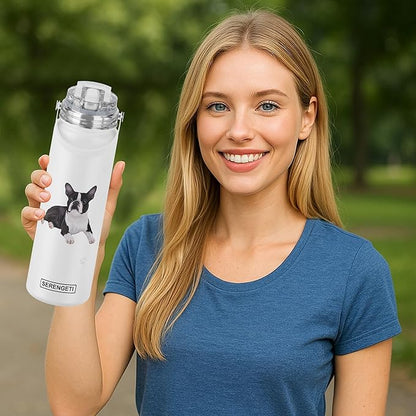 SERENGETI 24 Oz Water Bottle Stainless Steel with Spill Proof Lid - Double walled Vacuum Insulated water flask - Realistic 3D Print of your favorite dog (Boston Terrier)
