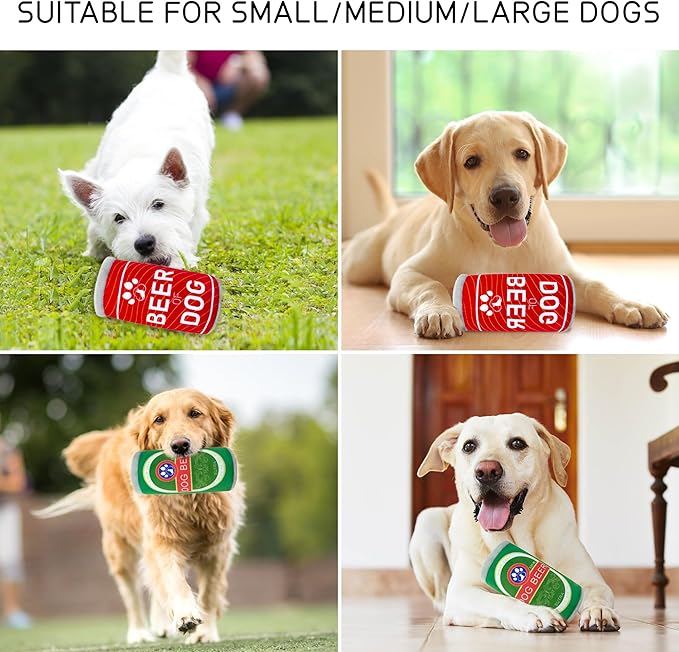 Squeaky Plush Dog Toys 2 Pack - Funny Beer Puppy Toys with Squeaker for Small Medium Large Dogs, Soft Stuffed Chew Toys for Birthday Gifts(Red&Green)