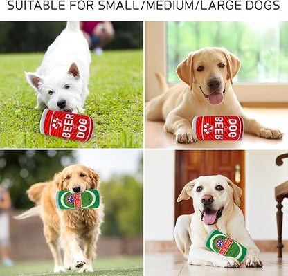 Squeaky Plush Dog Toys 2 Pack - Funny Beer Puppy Toys with Squeaker for Small Medium Large Dogs, Soft Stuffed Chew Toys for Birthday Gifts(Red&Green)