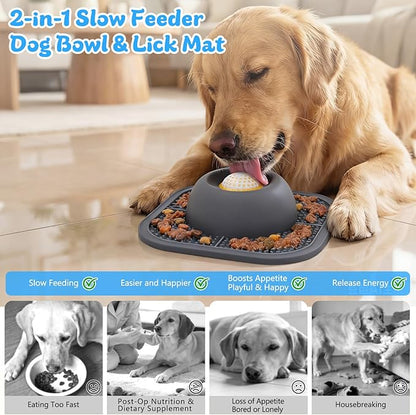 PetsHome Slow Feeder Dog Bowls & Lick Mat for Liquid and Thick Treat, Anti-Slip Dog Lick Bowl with Interactive Rolling Ball, 5/6 Cup Pup Licking Toy for Large Medium Small Dogs and Cats Gray