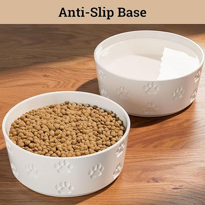 Ceramic Dog Bowl Set of 2 with Anti-Skid Base - 7.5" Wide x 3" Tall Ceramic Dog Bowls for Large Dogs - 6 Cup Capacity Food and Water Bowls for Dogs - Rubber Bottom Pet Bowl Set of 2 for Large Pets