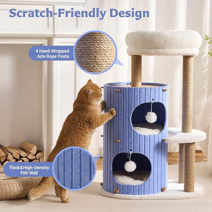 Modern Cat Tree for Indoor Cats Large Adult, 36in H Cat Tree Tower with Scratching Posts, Cozy Cat Bed Cave, Washable Cushions, Dangling Balls, Play&Nap Cat House Condo for All Breeds, Blue