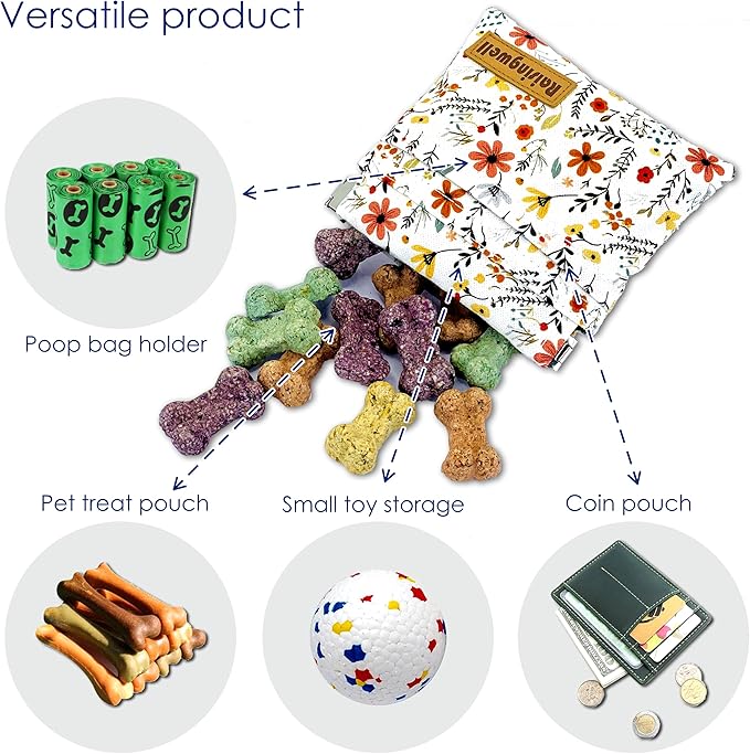Raisingwell Dog Treat Pouch, Small Cotton Pocket Sized Training Holder, Hand Free Walking Funny Bag with Carabiner, Self-Closing Pet Feed Snack Reward, Behavior Aids for Puppy Travel or Outdoor Use