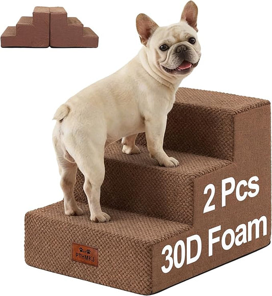 2 Pcs Dog Stairs 3-Step Dog Stairs for Bed Couch Sofa 13.5" H Pet Steps for Puppy Small Dogs Cat Puppy Small Medium Dogs (Brown, 3-Stairs 13.5" H)