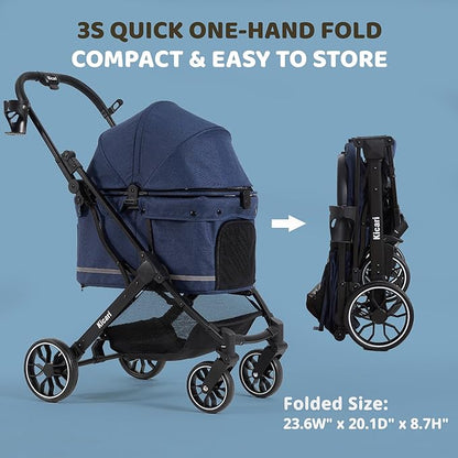 All-Terrain Dog Stroller for Small to Medium Dogs, Pet Stroller for Dogs & Cats Outdoor Walks, One-Hand Easy Fold, Double-Layer Anti-UV & Waterproof Canopy & Breathable Mesh, Midnight Blue