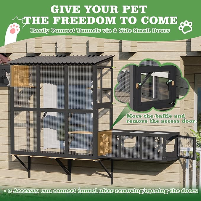Catio Outdoor Cat Enclosure Window Perch, Expandable Cat Window Box for Multiple Indoor Cats w/4 Platforms & 4 Doors, Patio Kitten House for Sunbathing Overlooking Tunnel Connection (Black)