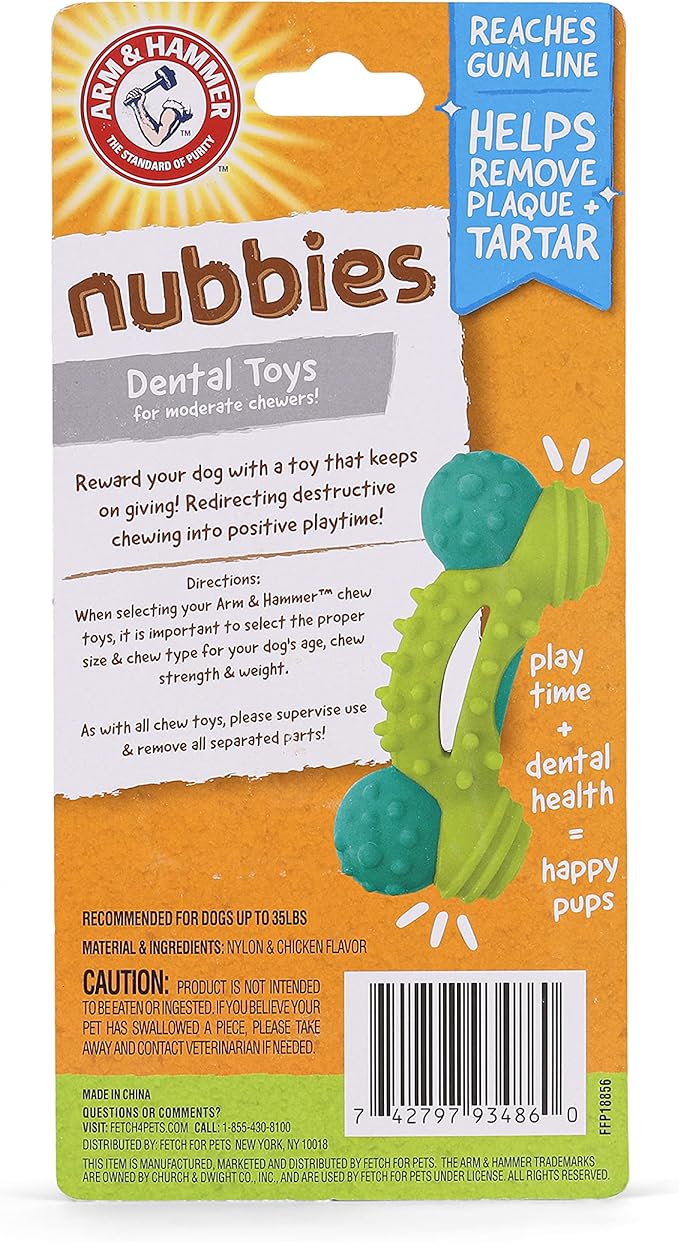 Arm & Hammer Nubbies Duality Bone, A Dental Chew Toy for Dogs - Nubby Pet Toy Cleans Teeth to Reduce Plaque & Tartar with Baking Soda, Green Apple Flavor Dog Bone for Moderate Chewers