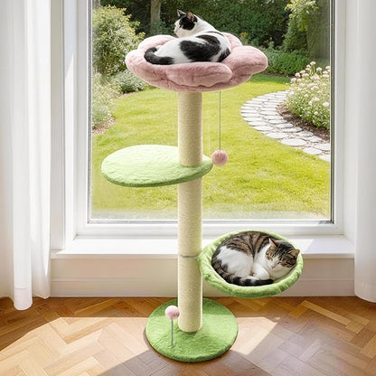 2 Ways Cat Window Perch, Flower Window Perch for Cats Inside with Hammock & Jumping Paltform, Cats Window Bed with Tall Sisal Scratching Post, Cat Hammock for Windows with 2 Strengthened Suction Cups