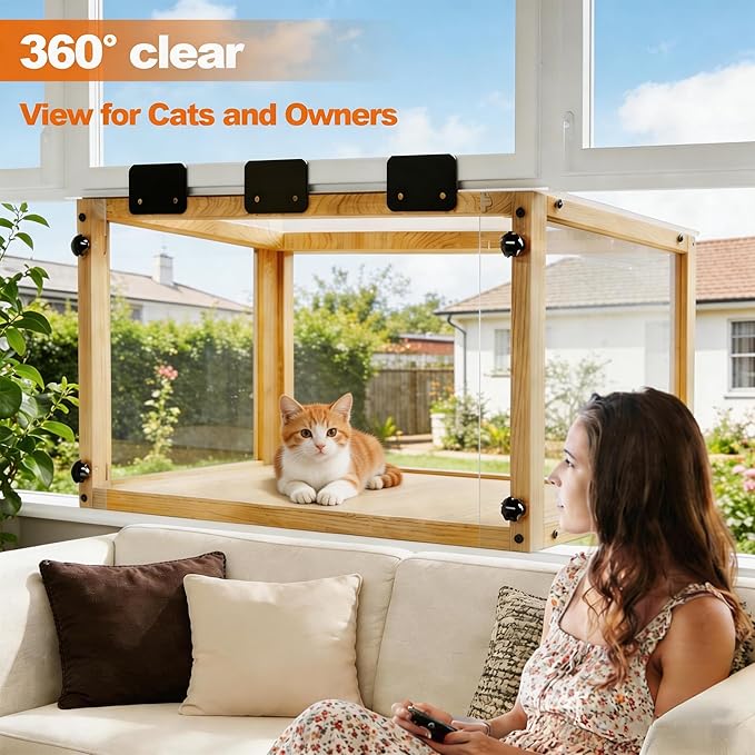 Wooden Cat Window Box, Sturdy Cat Perch Catio for 24-35 Inch Window, Window Catio for Indoor Cats for Pet Family, Fits Sunbathing Napping Overlooking, Easy Assemble, Natrual Wood