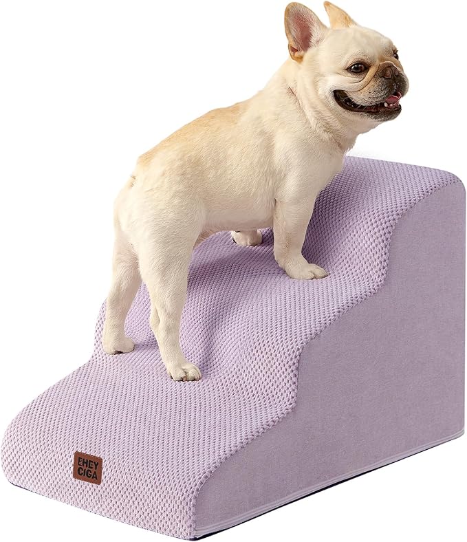 EHEYCIGA Curved Dog Stairs Ramp for Small Dogs 15.7" H, 3-Step Dog Steps for Couch Sofa and Chair, Pet Stairs for Cats, Non-Slip Balanced Pet Steps Indoor, Lilac