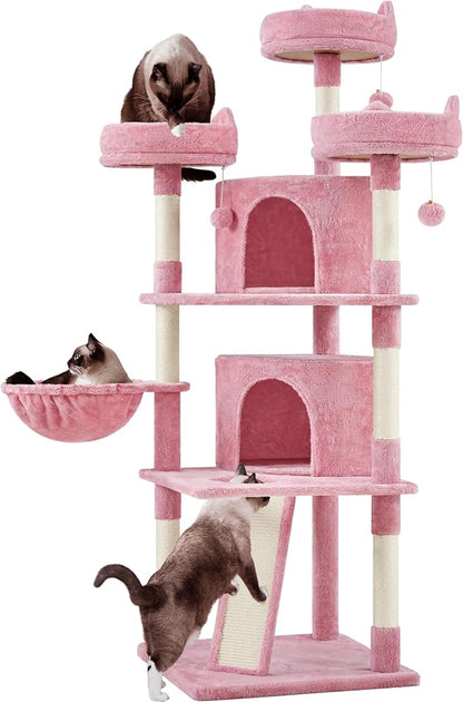 Yaheetech 68.5in Cat Tree for Large Cats, Multi-Level Cat Tower with 3 Wide Perches, Large Condo, Stable Pet Play House w/Sisal-Covered Scratching Posts & Board, Pink