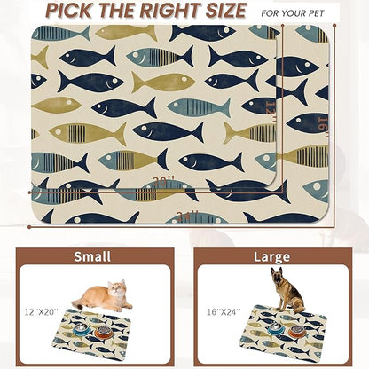 Fish Boho Dog Food Mat for Floors,Ocean Absorbent Quick-Dry Pet Feeding Mat,Cat Dog Bowl Mats for Food and Water,Non-Slip Pet Accessories Supplies 12"x20"