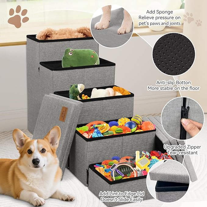 Dog Stairs for High Beds, Folding Pet Stairs Gift for Dogs Puppy with Storage for Bed Couch, Cat Dog Ramp Hold Up to 200 lbs (Gray, 5 Steps No Condo(49" D x 17" W x 26" H))