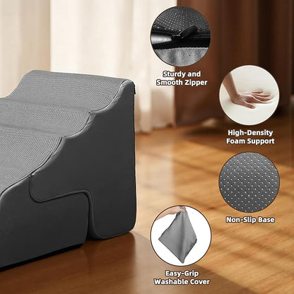 Mestuel Dog Stairs for Small Dogs Cats, Small Pet Stairs Steps, Foam 3-Tier Pet Stairs Steps for Couch Sofa, Dog Ramp Ladder Indoor with Nonslip Bottom &Washable Cover, Beige