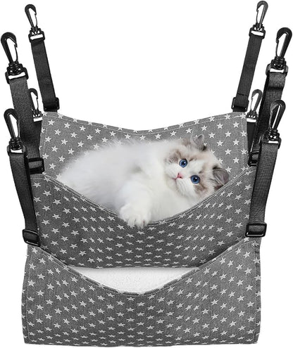 Sosoport 2Pcs Cat Hammock for Cage Hanging Reversible Pet Hammock for Cage Reversible Cat Hanging Bed Adjustable Straps & Plastics Hooks