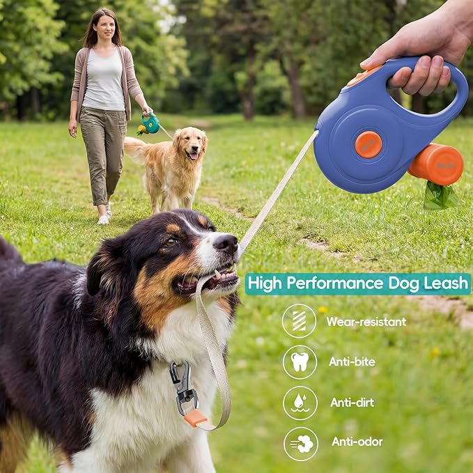 Retractable Dog Leash 16FT for Small & Medium Dogs, Sturdy Heavy-Duty Nylon Tape with Secure Locking Carabiner & Poop Bag Holder, Smooth One-Hand Control, Anti-Slip Handle, Tangle-Free Design (Blue)