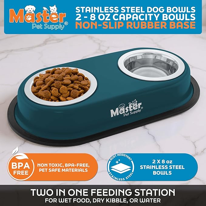 Master Pet Supply Double Dog Bowls Set with Elevated Base and 2 (8 oz) Stainless Steel Removable Dishes (Emerald Sea) – Double Cat Food Water Bowl, Dog Puppy Food Bowl Set, Rust Resistant