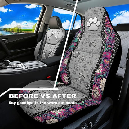 Dog Paw Car Front Seat Covers Boho Floral 2 Packs Automotive Front Seat Covers Waterproof Bucket Seat Cover Protective Car Interior Accessory