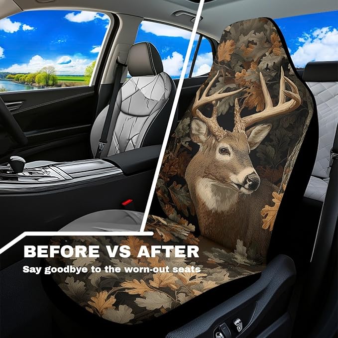 Deer Car Seat Covers Waterproof Front Seat Covers Camo Hunting Forest Bucket Seat Cover Automobile Vehicle Interior Accessories Easy to Install