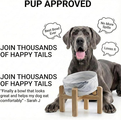 hjn Elevated Ceramic Dog Bowl 15°Slanted Raised Dog Bowl with Bamboo Stand for Small Medium Dogs and Cats, Pet Feeder -7.6-Cup (1800ml)-Marble Gray