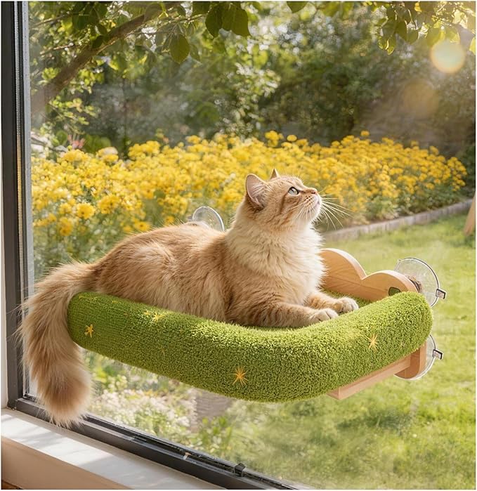 Cat Window Perch, Window cat Bed,Soft Cushion with Five Powerful Suction Cups,Nature Indoor Pet Shelf,Green