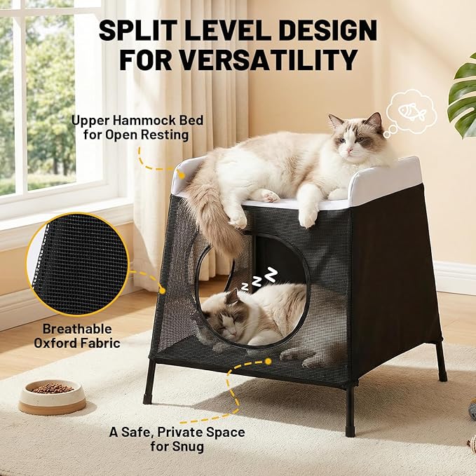 Elevated Cat Bed with Cat Hammock, 2-Story Indoor Cat House with Cave & Washable Cover, Multi-Cat Furniture