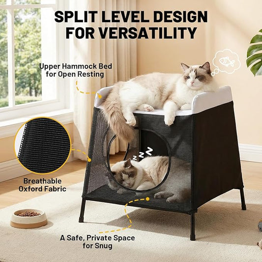 Elevated Cat Bed with Cat Hammock, 2-Story Indoor Cat House with Cave & Washable Cover, Multi-Cat Furniture