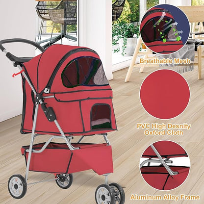 BestPet 3-Wheel Pet Stroller for Dogs & Cats - Folding Travel Carrier with Cup Holder & Removable Liner, Red