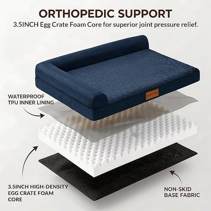 Patas Lague Orthopedic Dog Bed Large Sized Dog 36''X24'', Waterproof L Bolster Medium Pet Sofa Beds with Removable Washable Cover, Soft Comfortable Pet Couch Crate Mat with Nonskid Bottom, Navy Blue