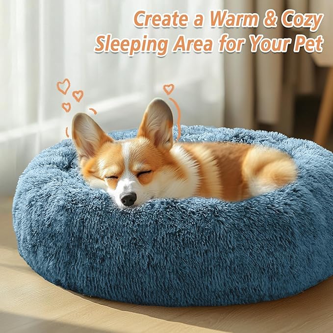JOLLYVOGUE Calming Dog Bed Medium Size Dog, 31in Donut Washable Medium Pet Bed, Anti-Slip & Anti-Anxiety Fluffy Faux Fur Round Dogs Bed, Fits up to 45 lbs Pets (Blue)