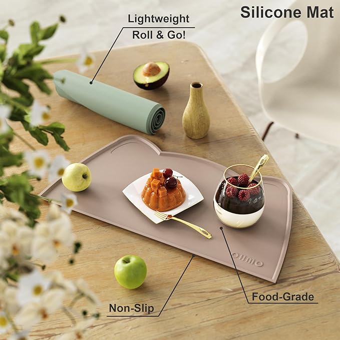 OHMO - Cat Food Mat, Silicone Pet Feeding Mat for Floor Non-Skid Waterproof Dog Water Bowl Tray, Easy to Clean Pet Placemat (Beige, 18 * 9.8'')