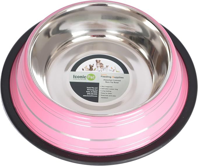 Iconic Pet Color Splash Stripe Non-Skid Stainless Steel Dog & Cat Bowl - Pink, 24 Oz, 3 Cup, Durable, Easy to Clean, Anti-Slip Feeding Dish for Food & Water, Stylish Design for Dogs and Cats