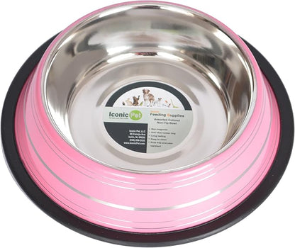 Iconic Pet Color Splash Stripe Non-Skid Stainless Steel Dog & Cat Bowl - Pink, 24 Oz, 3 Cup, Durable, Easy to Clean, Anti-Slip Feeding Dish for Food & Water, Stylish Design for Dogs and Cats
