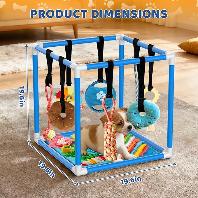 Puppy Play Gym with Snuffle Mat & 8 Hanging Toys Indoor Play Gym Interactive Dog Toys for Boredom Enrichment Activity for Small Dog PVC Frame Stretchy Rope with Velcro (Blue,19.6 x 19.6 x 19.6 inch)
