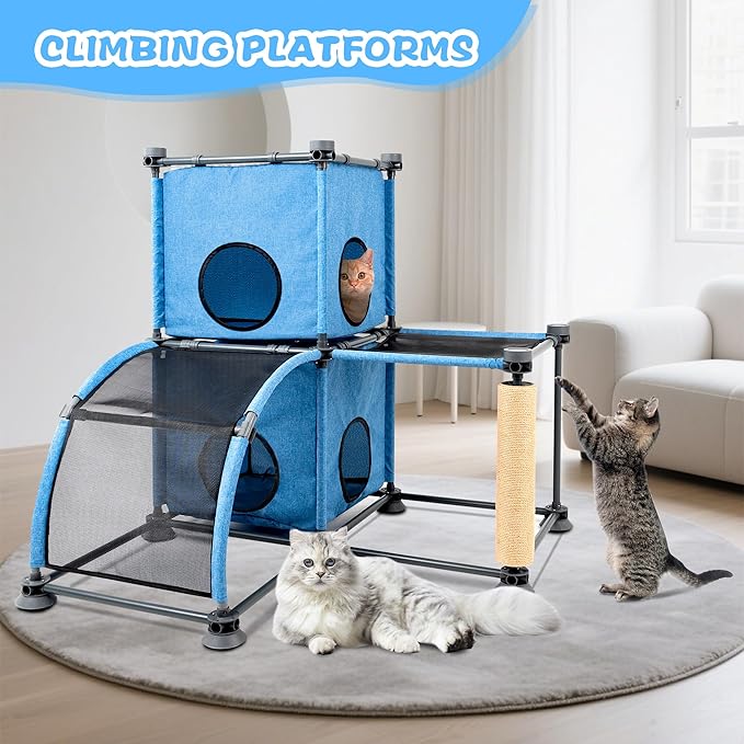 Large Cat Hamock Bed with Scratching Post – Multi-Level Cat Tree with House Condos & Ladder for Indoor/Outdoor Use+Blue/Two-Tier