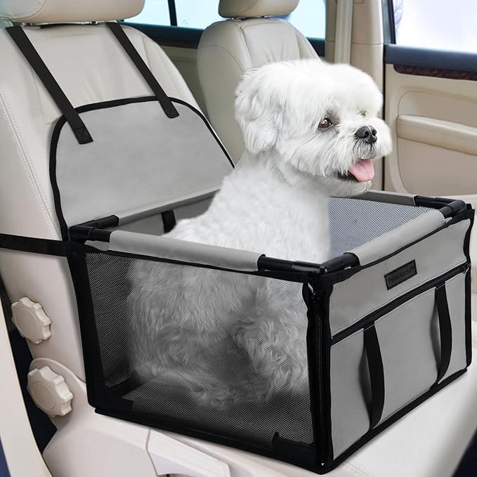 PetsHome Dog Car Seat Foldable Dog Car Booster Seat Waterproof Breathable Oxford Travel Bag for Small to Medium Dogs, Puppies, and Pets-Pure Grey-Upgrade