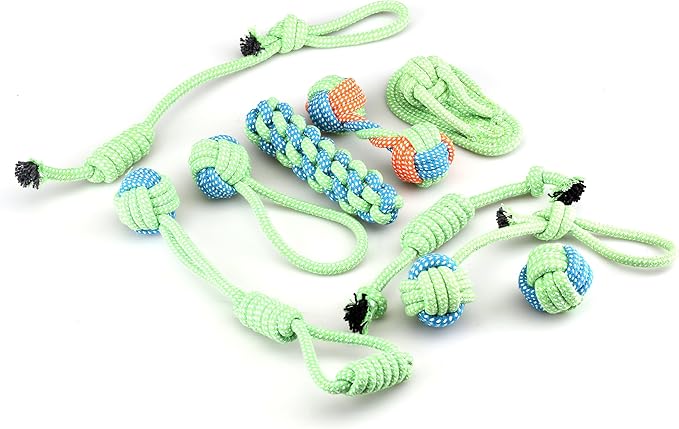 Dog Chew Rope Toys, Set of 9, Cotton Teething Ropes for Small and Medium Dogs, with Ball, Tug-of-War Toys, Fetching Bone and Sandal