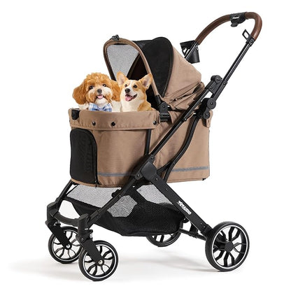 797Audio Dog Stroller for Small Medium Dogs,Pet Stroller for Cats Puppy Up to 121lbs,Foldable,One Click Folding,4 Wheel Shock Absorption,Adjustable Canopy with Sun Shades,Removable Washable Pad(Brown)