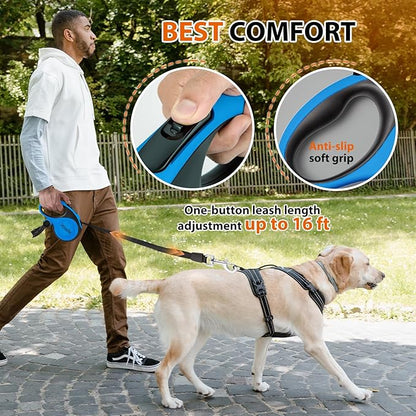 Upgraded Retractable Dog Leash with Chew Proof Extender, Pet Walking Leashes with Poop Bag Holder, 16Ft Heavy Duty Retractable Pet Leash for Medium Large Dogs up to 110lbs, Anti-Slip Grip