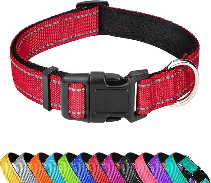 Reflective Dog Collar, Adjustable Soft Neoprene Padded Nylon Pet Collars with Buckle for Extra Large Dogs, Red,XL